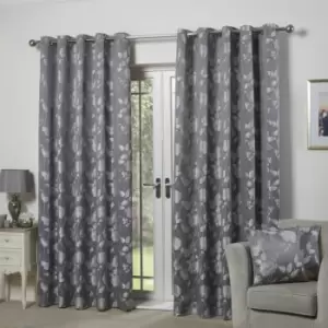 Image of Emma Barclay Butterfly Meadow Floral Jacquard Lined Eyelet Curtains, Silver, 46 x 54 Inch