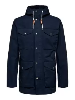 SELECTED Hooded Cotton Parka Jacket Men Blue