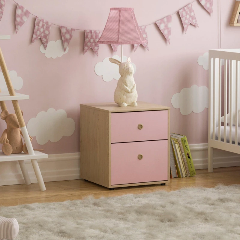 Image of Lassic Junior Vida Neptune 2 Drawer Bedside Table Pink & Oak unisex 2 Drawer