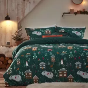 Image of Furn. Winter Pines Pine Green Duvet Cover and Pillowcase Set Green/Red/White