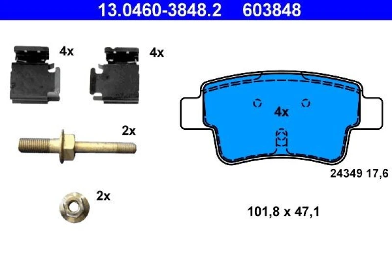 Image of ATE 13.0460-3848.2 Brake pad set excl. wear warning contact, with accessories Brake Pad Set,disc brake (402)