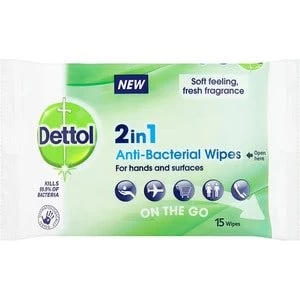 image of Dettol 2 in 1 Anti-Bacterial 15 Wipes