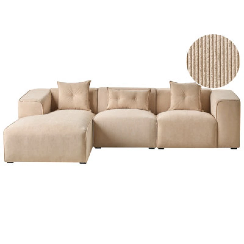 Image of Beliani Corner Sofa 3 Seater Dolva Corduroy Beige Right Hand