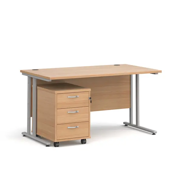 image of Maestro 25 Straight Desk Silver Frame, Beech Table Top and 3 Drawer Pedestal - 1400mm