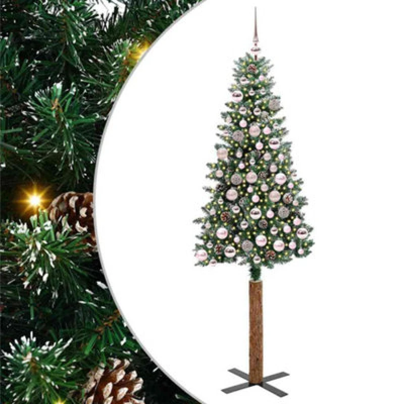 Image of vidaXL Slim Christmas Tree with 300 LEDs, Pink Balls Green and White 180 cm, Green 3394901