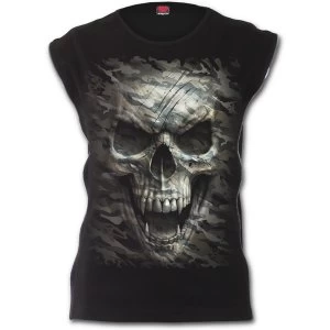 Image of Camo-Skulll Zip Side Ribbed Gothic Womens Large Sleeveless Top - Black
