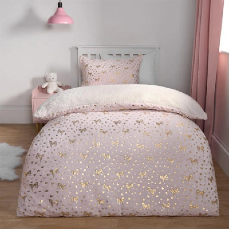 Image of OHS OHS Unicorn Duvet Cover Fleece Heart Warm Quilt Reversible Soft Metallic Bedding Set in Pink Size: Single Pink Single Unisex 5027434190171
