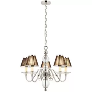 image of Flemish Ceiling Pendant Chandelier Polished Nickel & Black Shades 5 Lamp Light