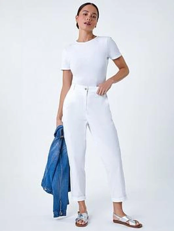 Image of Roman Womens Petite Cotton Blend Stretch Chino Trousers in White Size: 16 White Female 16