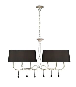 image of Paola Ceiling Pendant 2 Arm 6 Light E14, Silver Painted with Black Shades & Black Glass Droplets