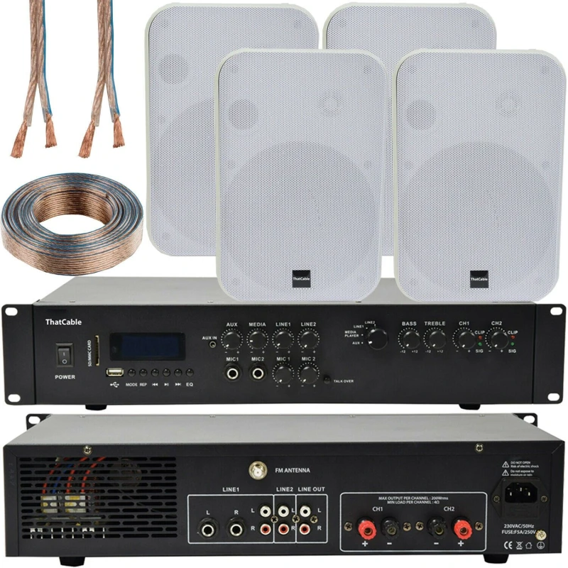 Image of Loops 400W Bluetooth Sound System 4x White 200W Wall Speaker Channel HiFi Amplifier White unisex