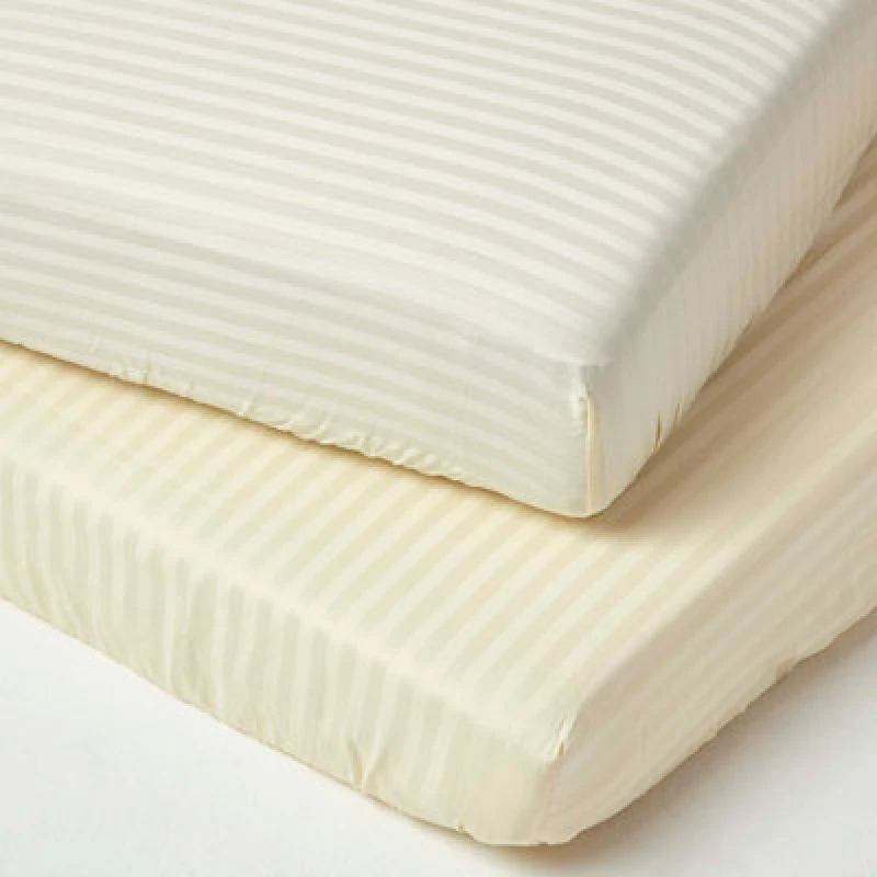 Image of Homescapes Yellow Cotton Stripe Cot Bed Fitted Sheets 330 Thread Count, 2 Pack