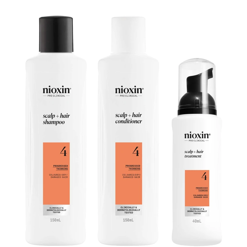 Image of Nioxin Scalp + Hair Thickening System 4 for Coloured, Dry and Damaged Hair with Progressed Thinning, Trial Kit Clear