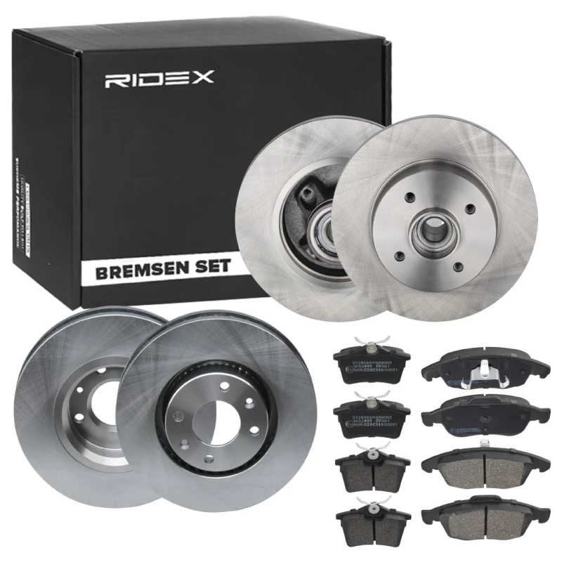 Image of RIDEX 3405B1748 Brake disc and pads set Rear Axle, Brake Disc Type: Solid, excl. wear warning contact, with piston clip Brake Set,disc brakes (3405)