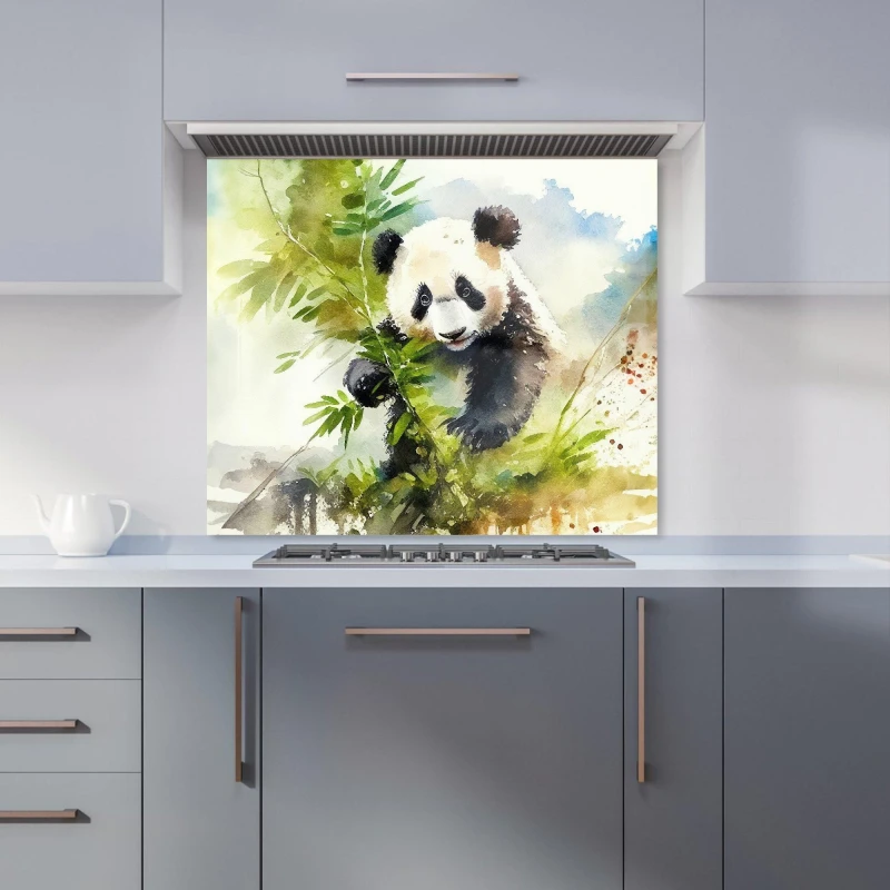 Image of Warren Reed - Designer Panda Eating Bamboo Watercolour Kitchen Splashback in Brown Size: 600mm x 750mm Brown Unisex 600mm x 750mm