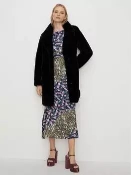Image of Oasis Faux Fur Collared Long Coat - Black, Size 12, Women