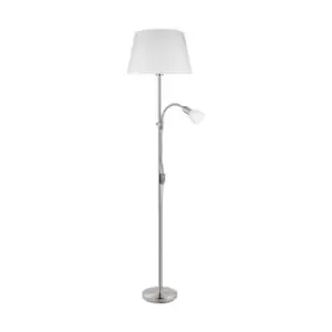 Image of Floor Lamp Light Satin Nickel Shade White Fabric Glass Bulb E27&E14 1x60W/1x40W