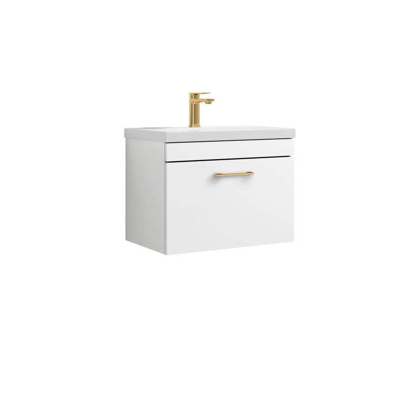 Image of Balterley 1 Drawer Wall Hung Vanity Basin Unit White Brushed Brass Handle 600mm White