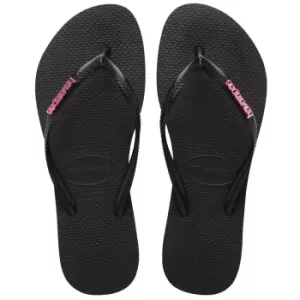 Image of Havaianas Womens Slim Logo Metallic Flip Flops Black/Pink 39/40