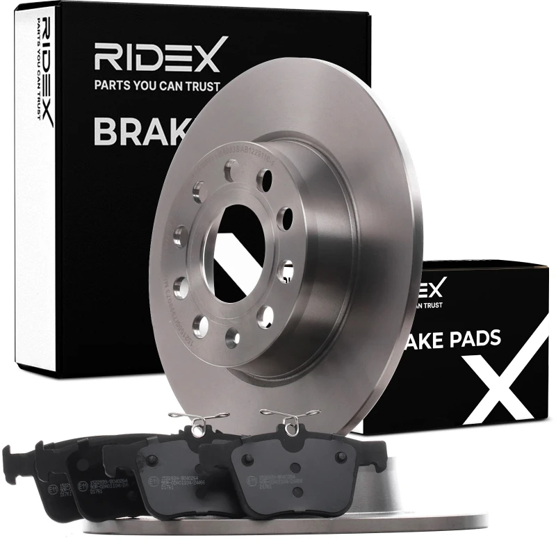 Image of RIDEX 3405B0461 Brake disc and pads set Rear Axle, Brake Disc Type: Solid, not prepared for wear warning indicator, with bolts/screws Brake Set,disc