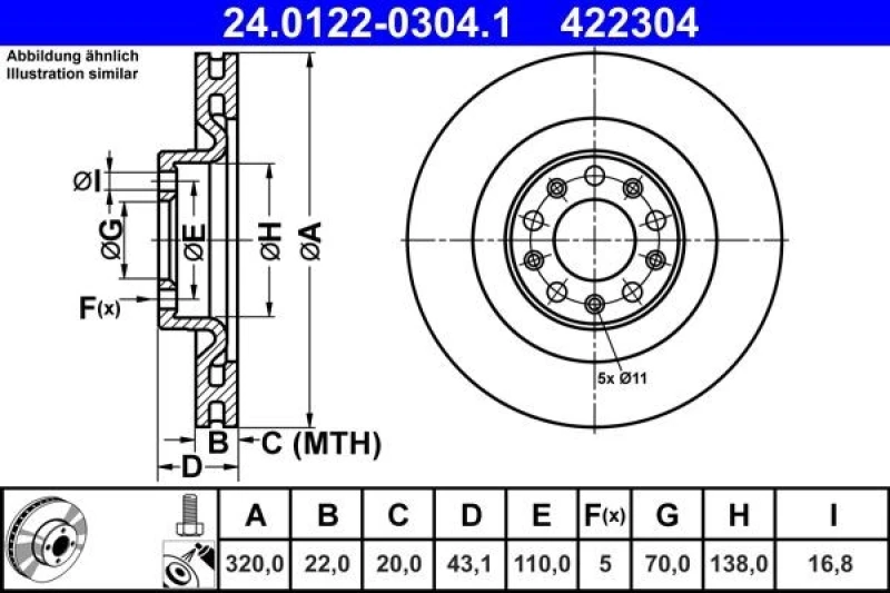 Image of Brake disc ATE 24.0122-0304.1
