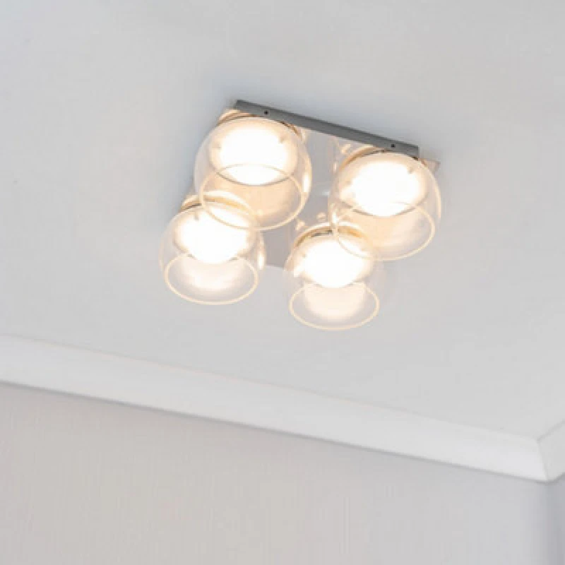 Image of ValueLights Alissa IP44 Rated Bathroom 4 Way Glass Integrated LED Flush Ceiling Light Silver