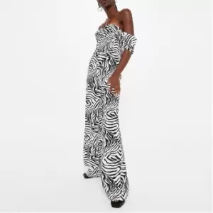 image of Missguided Zebra Print Shirred Bardot Jumpsuit - White