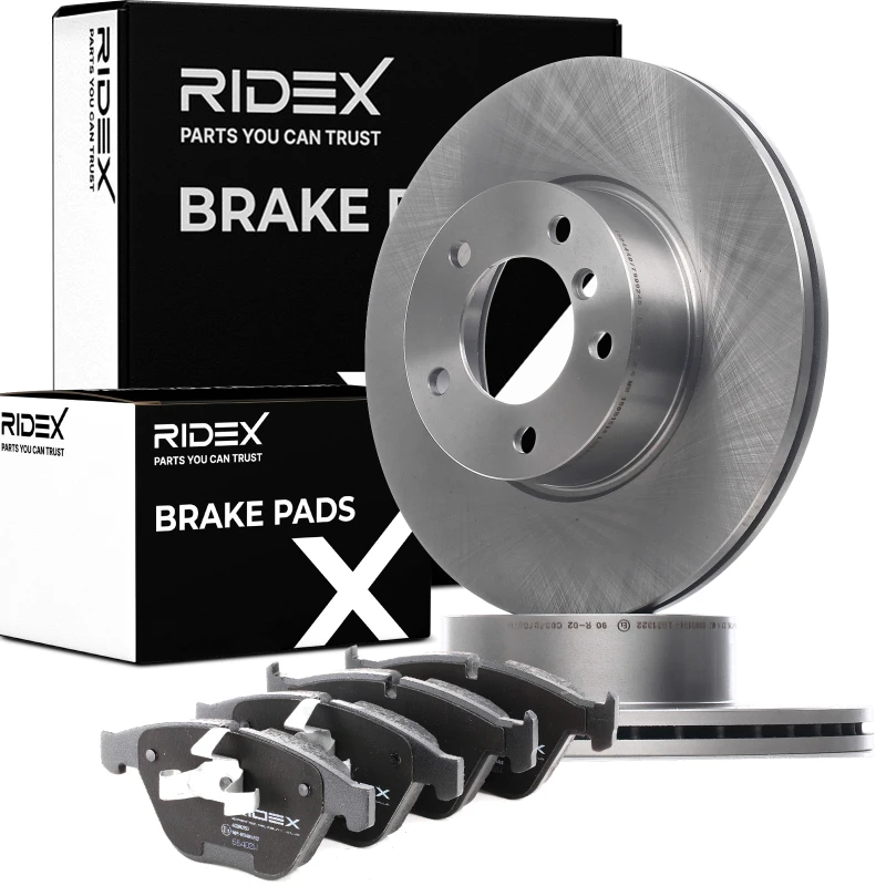 Image of RIDEX 3405B0833 Brake disc and pads set Front Axle, Brake Disc Type: internally vented, excl. wear warning contact, with piston clip Brake Set,disc b