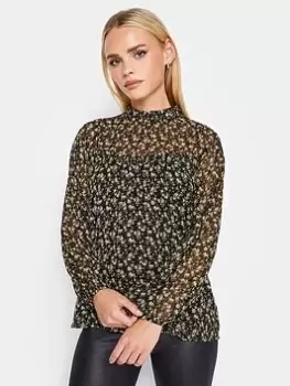 Image of PixieGirl Petite Ditsy High Neck Frill Top, Black, Size 10, Women