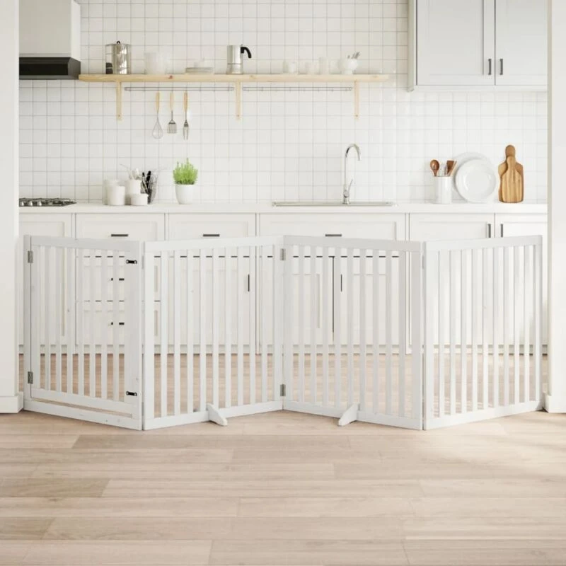 Image of vidaXL Dog Gate with Door Foldable 4 Panels White 320cm Poplar Wood, White 352251