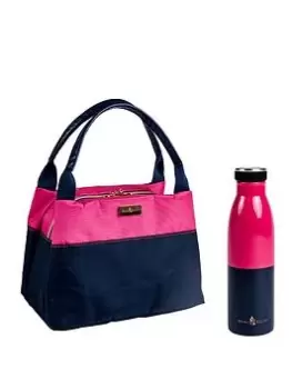 image of Beau & Elliot 'Colour Block' - New `Handbag Design' Insulated Lunch Tote - Pink/Navy (7 Litre) + Stainless Steel Insulated Drink Bottle 500Ml - Pink/N