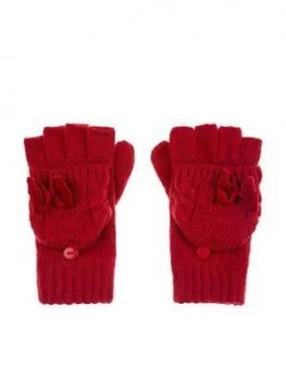 Monsoon Girls Ruby Heart Velvet Bow Cable Gloves - Red