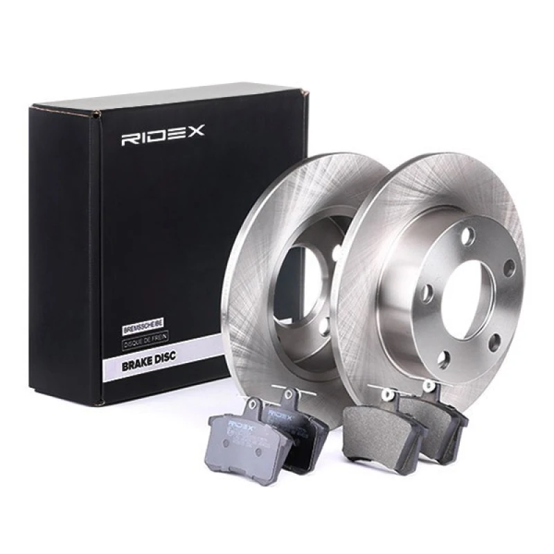 Image of RIDEX 3405B0255 Brake disc and pads set Rear Axle, Brake Disc Type: Solid, excl. wear warning contact Brake Set,disc brakes (3405)