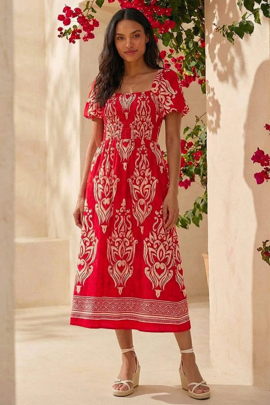 Image of Roman Womens Abstract Print Shirred Midi Dress in Red Size: 14 Red Female 14