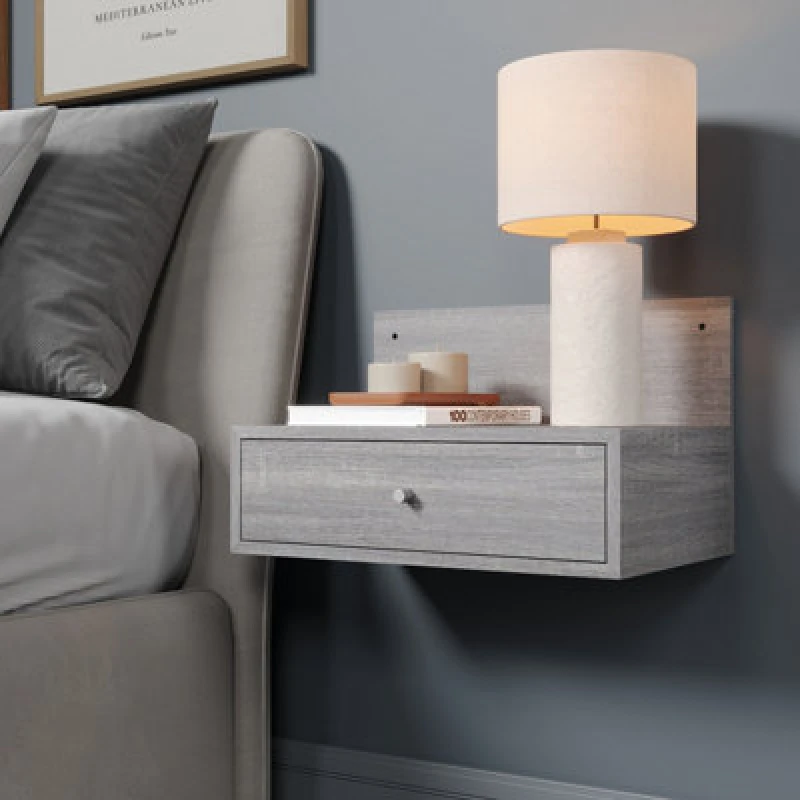 Image of Core Kelly Set of 2 Wall Hanging Grey Oak Bedside Table