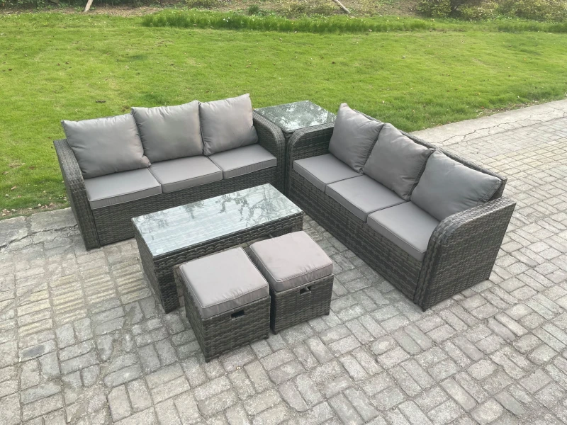 Image of Fimous Outdoor Lounge Sofa Set Rattan Garden Furniture Set with Rectangular Coffee Table 2 Small Footstool Dark Grey Mixed Dark Grey