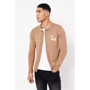 Image of I Saw It First Tan Mens Button Through La Graphic Cardigan - Brown