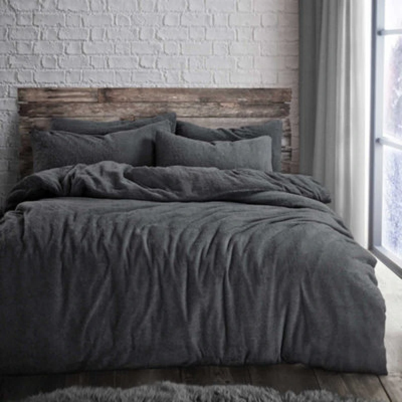 Image of Velosso Plain Teddy Warm And Cosy Duvet Cover And Pillowcase Set - Charcoal