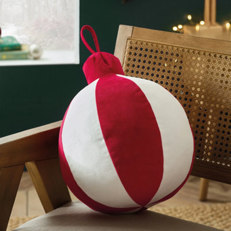 Image of Catherine Lansfield Christmas Bauble 3D Shaped Cushion White / Red