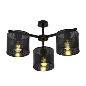 Image of Jordan Black Multi Arm Semi Flush Ceiling light with Black Fabric Shades, 3x E27