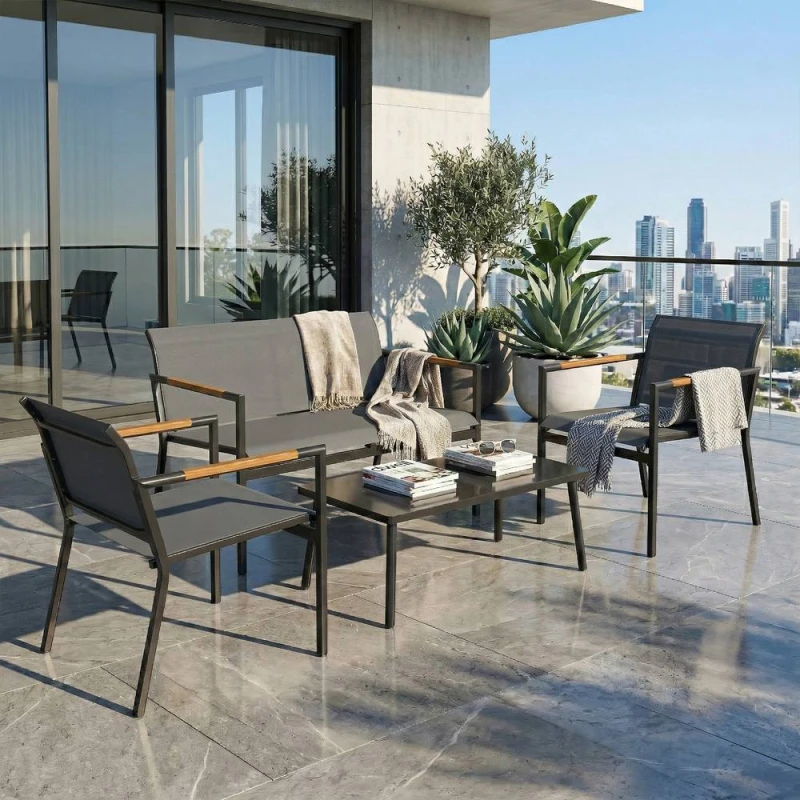 Image of OUTSUNNY 4 Seater Garden Furniture Set, Metal Garden Sofa Set, Grey Grey Unisex