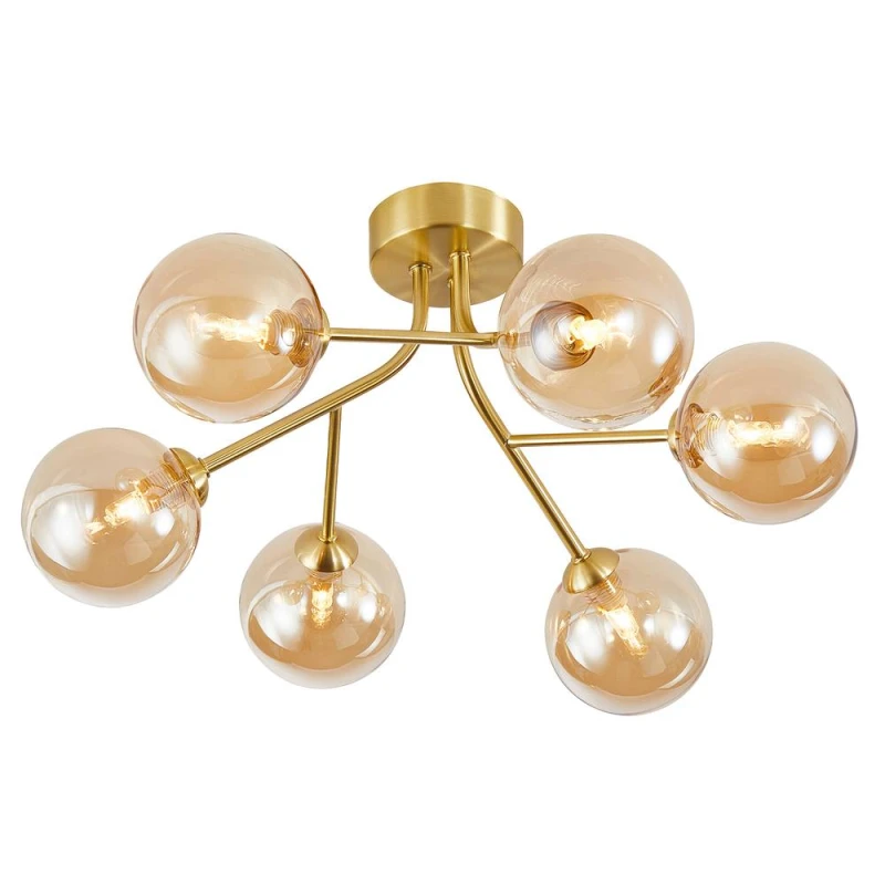 Image of Happy Homewares Designer Satin Gold 6-Arm Ceiling Light Fixture with Amber Tinted Glass Shades Gold Unisex