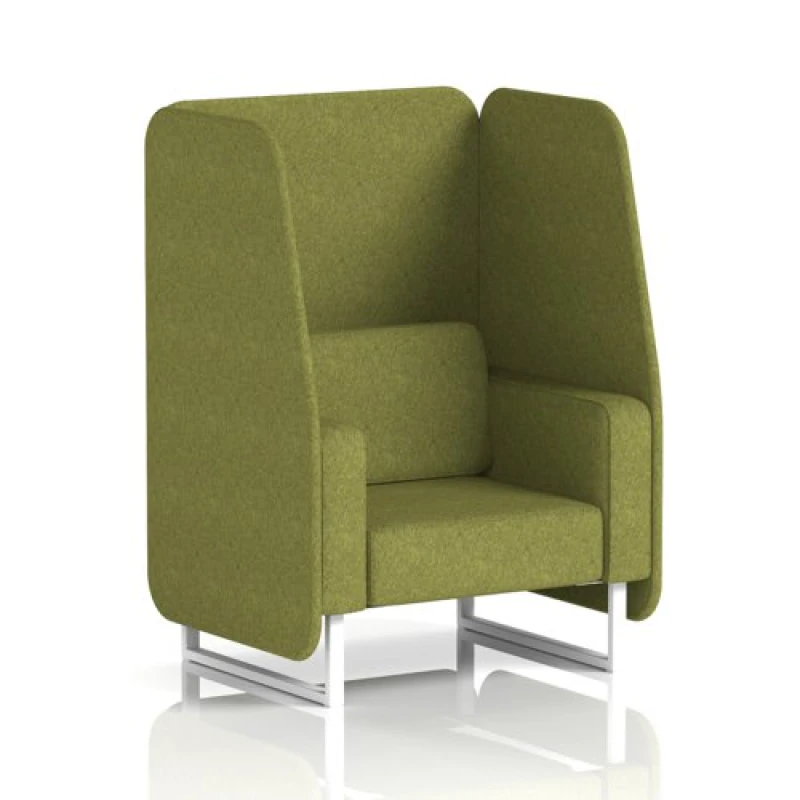 Image of Brixworth 1 Seater Open Office Booth with White Legs in Rivet Fabric - Olive Panels and Sofa