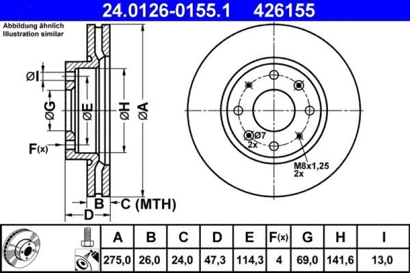 Image of ATE 24.0126-0155.1 Brake disc Vented, Coated, with bolts/screws Brake Disc (82)