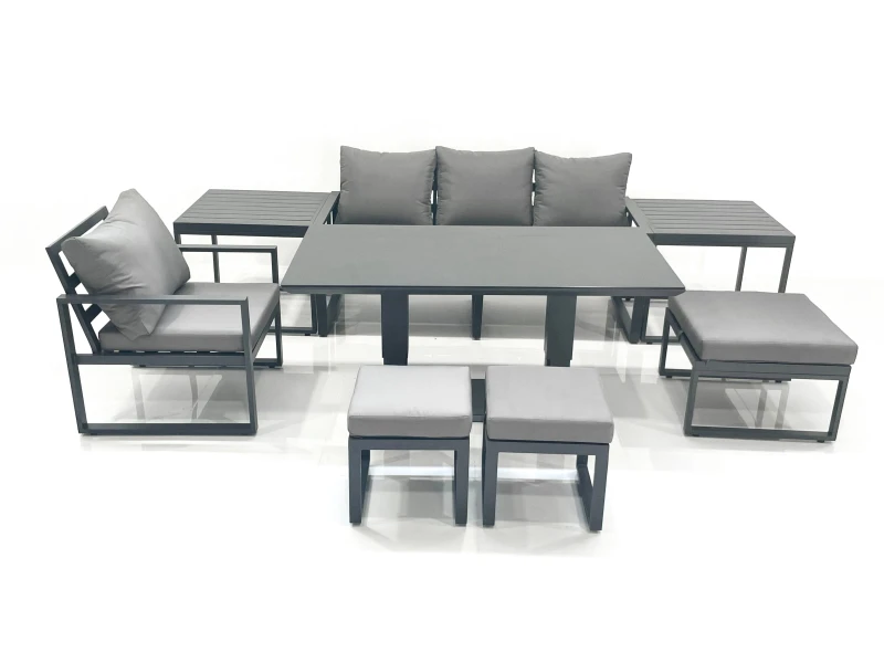 Image of Fimous 7 Seater Garden Sofa Set Aluminium Furniture Rising Dining Tabe Set with Chair 3 Footstool 2 Side Tables Dark Grey Dark Grey Unisex