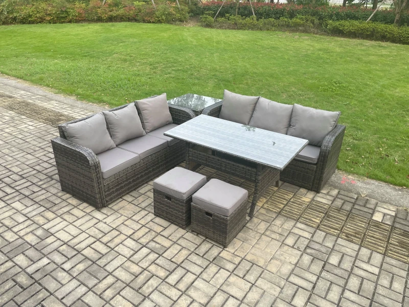 Image of Fimous Rattan Garden Furniture Set with Oblong Dining Table 2 Small Footstools Side Table 6 Pieces Outdoor Sofa Set Dark Grey Mixed Dark Grey Unisex