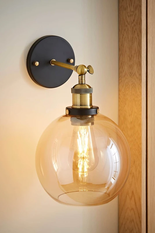 Image of ValueLights Sheridan Industrial Amber Glass Bowl Gold Trim Black Wall Light with LED Bulb Orange