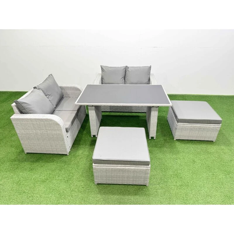 Image of Fimous 5 Pieces Outdoor PE Rattan Sofa Set with Cushions 2 Big Stools in Light Grey Light Grey Unisex