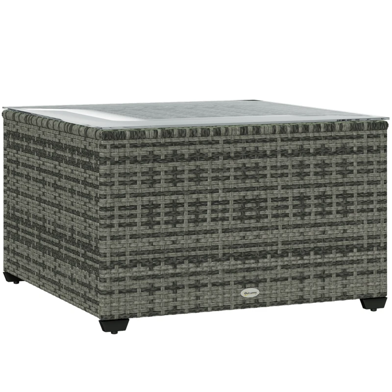 Image of Outsunny Outdoor Coffee Table with Glass Top, Rattan Side Table, Light Grey Light Grey