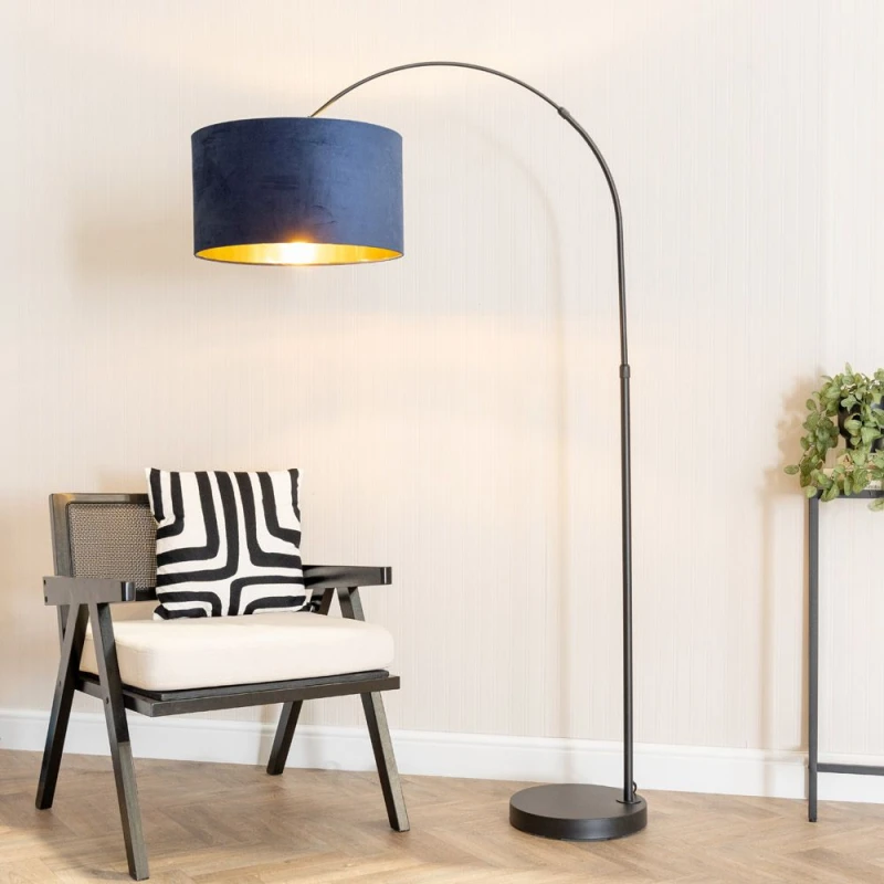 Image of ValueLights ValueLights Louis Black Arched Floor Lamp with Velvet Drum Metallic Gold Inner Shade in Dark Navy Dark Navy One Size Unisex 5059406061127